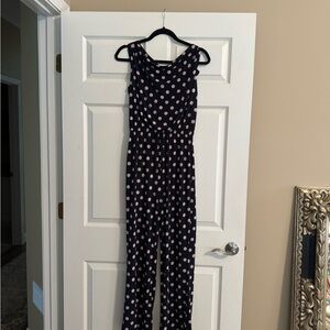 Enfocus Studio Navy Jumpsuit with Pale Pink Polka Dots 56 1/2” top to bottom
